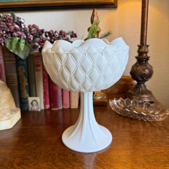 Other - 1960's Milk Glass Duette Quilted Diamond Pattern Tall Candy Dish compote